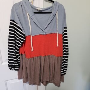 Umgee Colorblock Hoodie with Striped Sleeves, Medium Oversized
